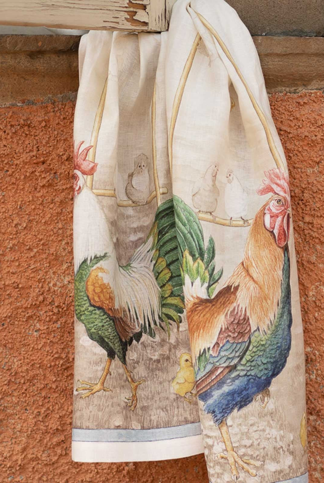 Kitchen Towel - Rooster Marrone - Blue edge — Tessitura Toscana Telerie