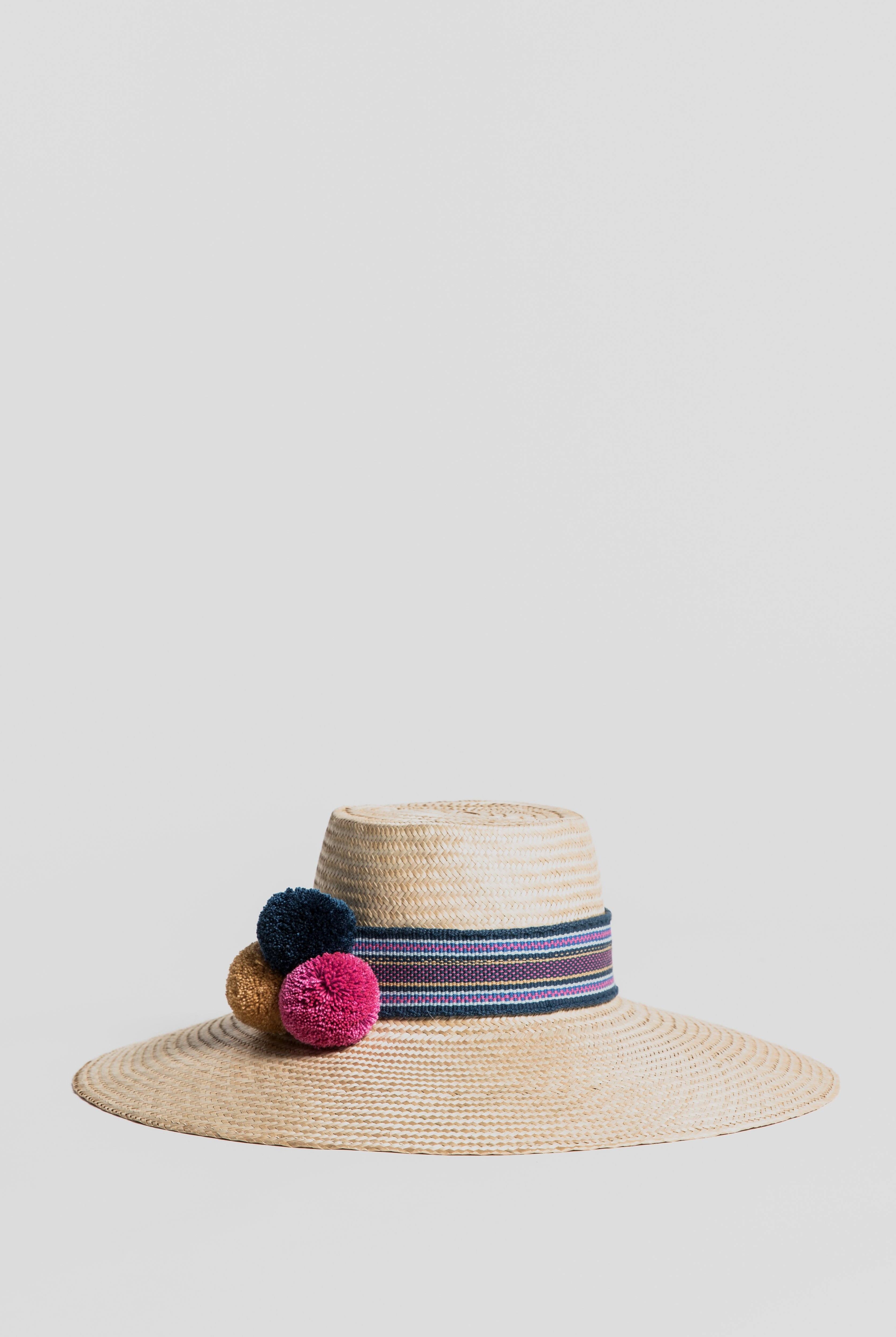 Fine Straw Hat - Jaarû wide-brimmed blue with pompoms Hat Aurinko Handmade
