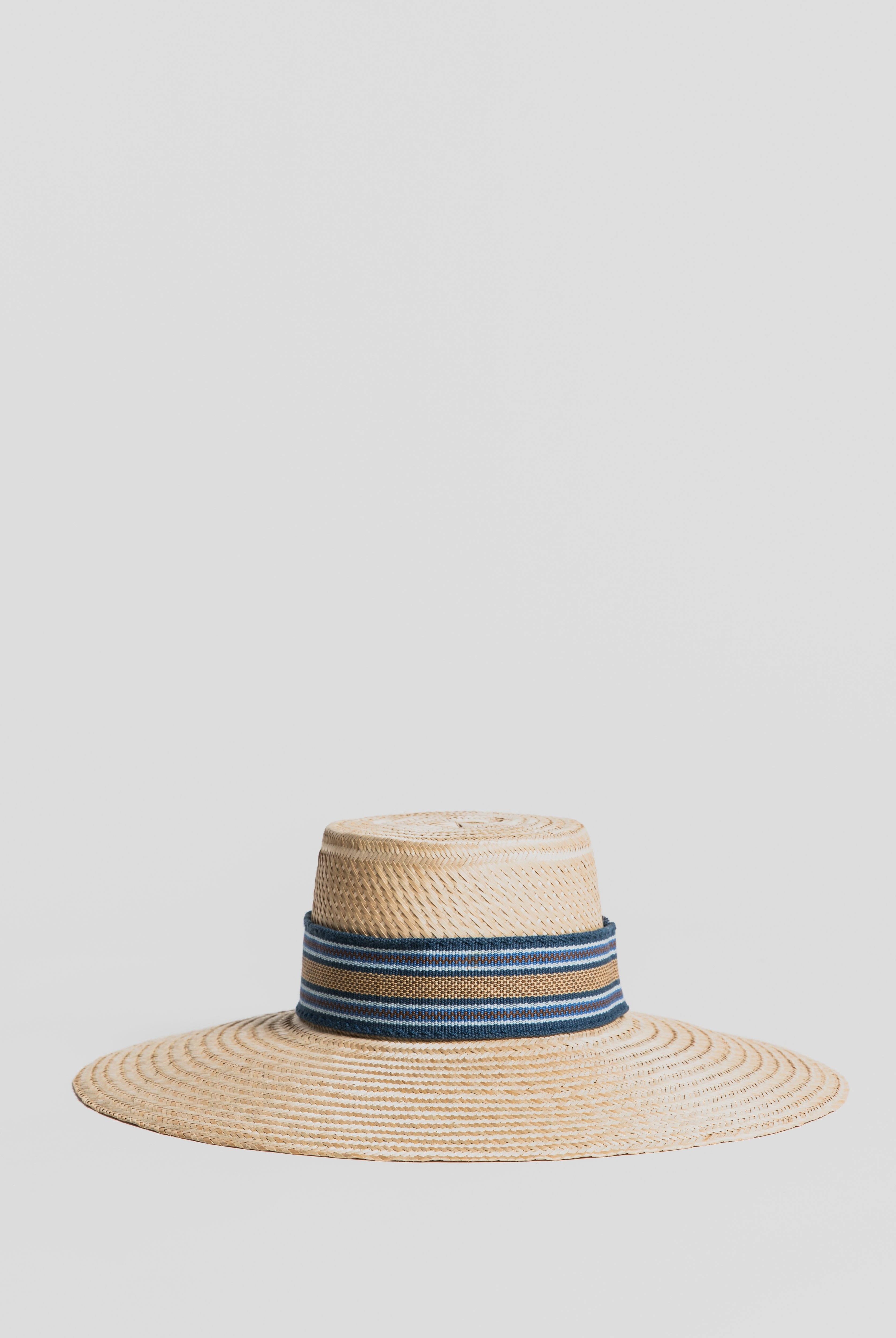 Rustic Straw Hat - Jaarû blue wide-brimmed Hat Aurinko Handmade