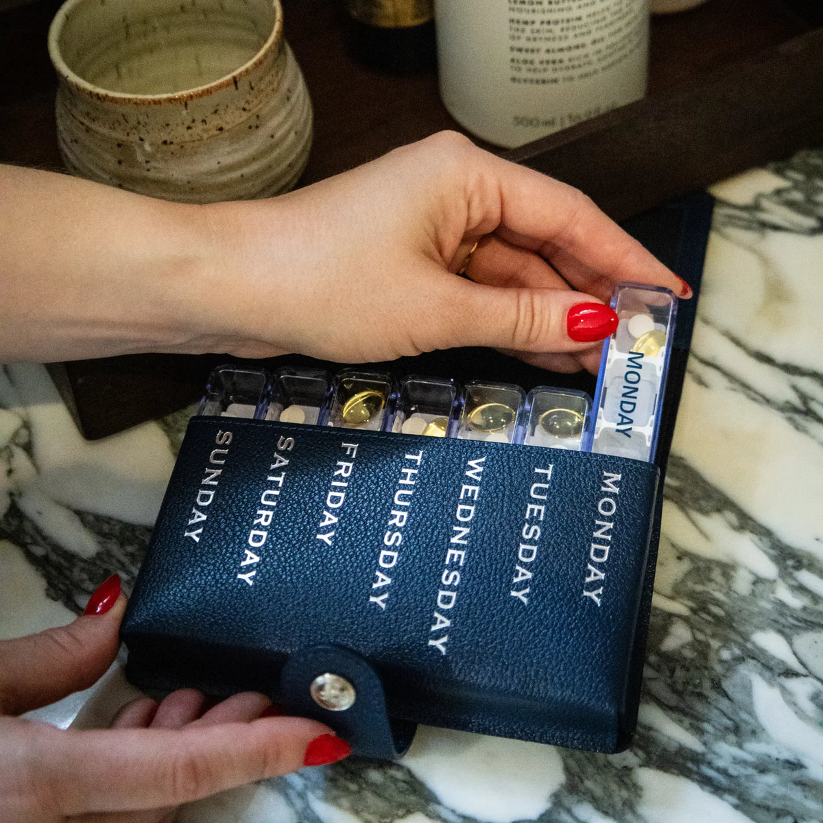 Capra Pill Case — Marine Blue lifestyle