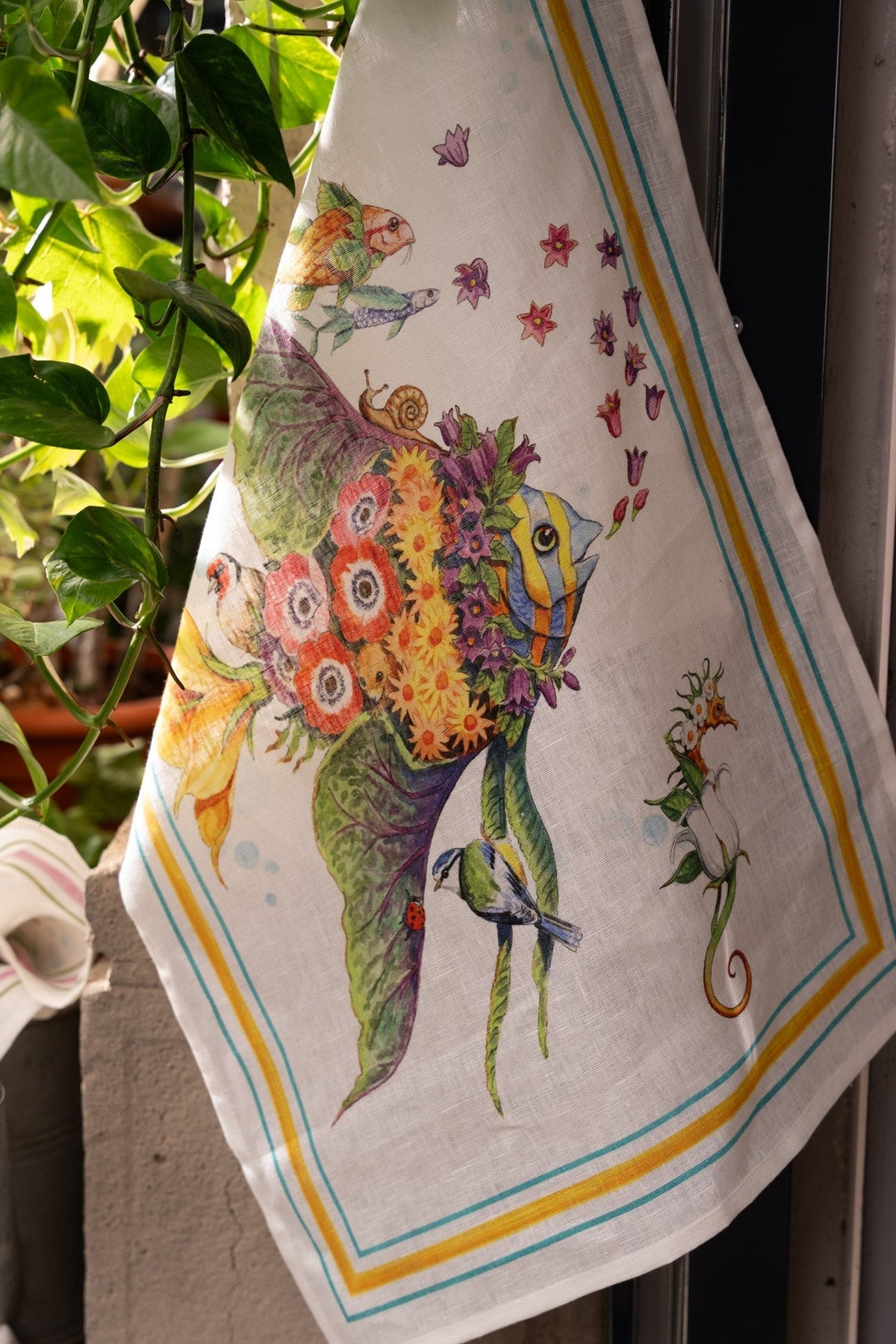 Kitchen Towel - Pesciflora Turquoise — Tessitura Toscana Telerie