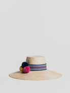Fine Straw Hat - Jaarû wide-brimmed blue with pompoms Hat Aurinko Handmade 