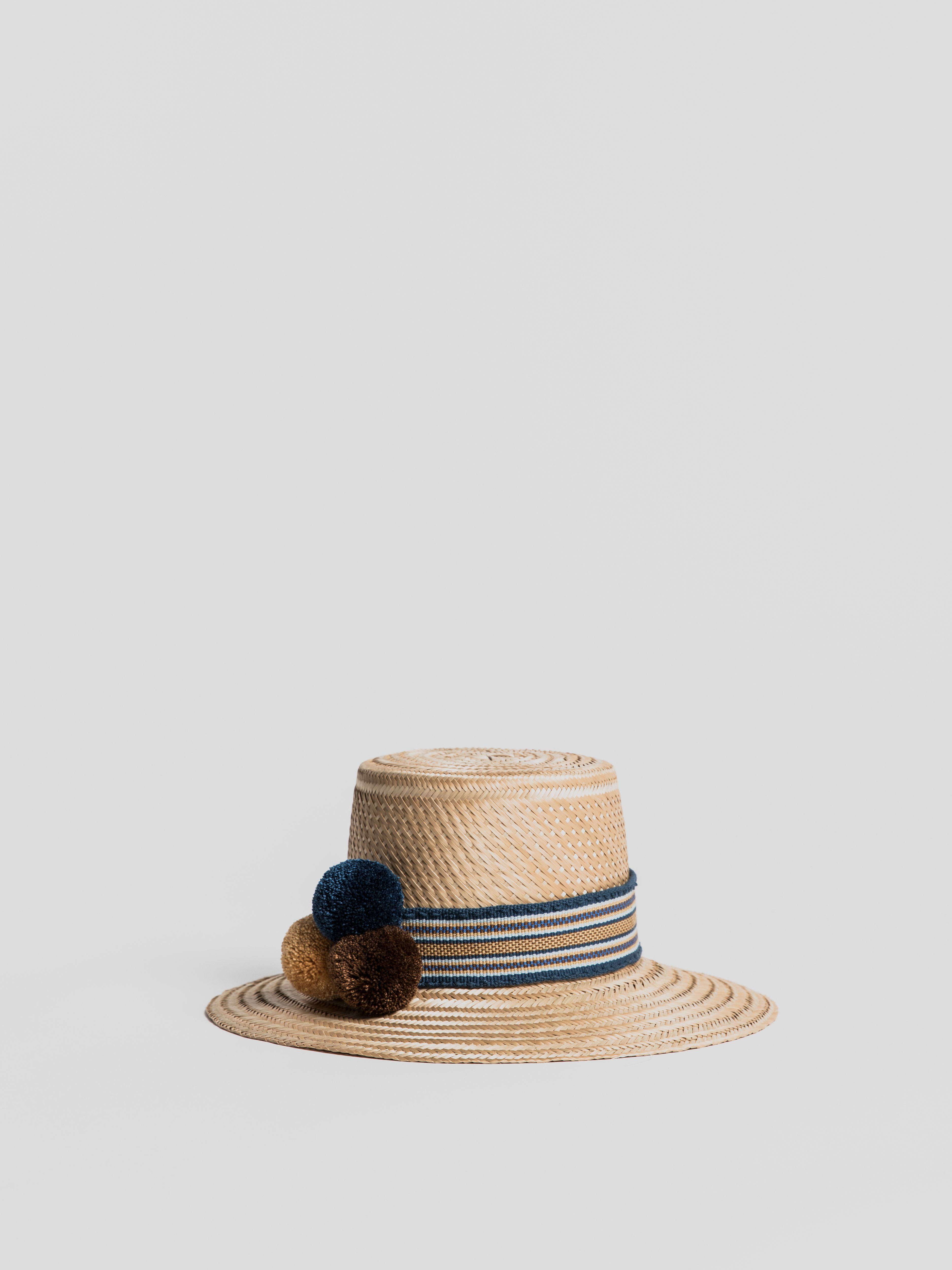 Rustic Straw Hat - Shokotaa Blue With Pompoms Hat Aurinko Handmade 
